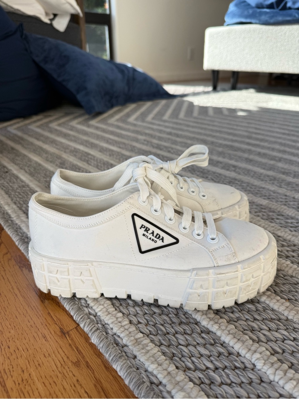 Prada White Platform Canvas Low-Top Sneakers